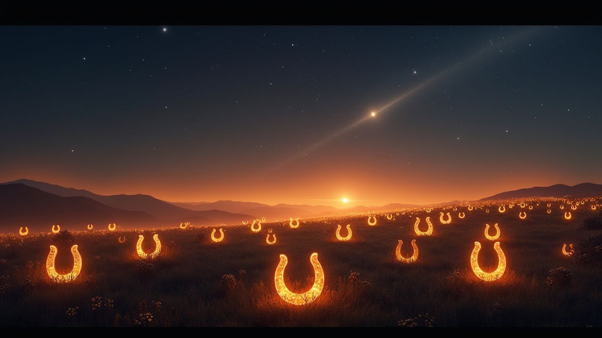 Goldene Hufeisen in einer magischen Landschaft voller Sterne.