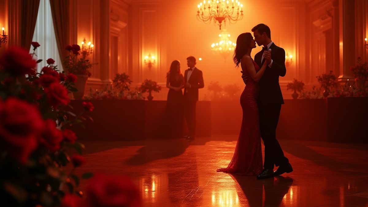 Elegant ballroom with tango dancers surrounded by red roses.