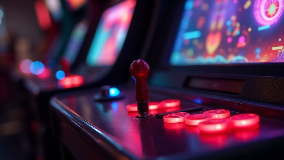 A retro arcade machine with glowing buttons and a colorful screen.