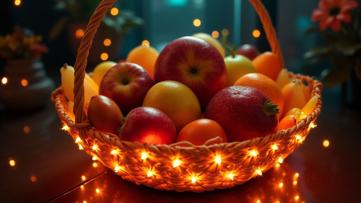 A colorful fruit basket with glowing lights around it.
