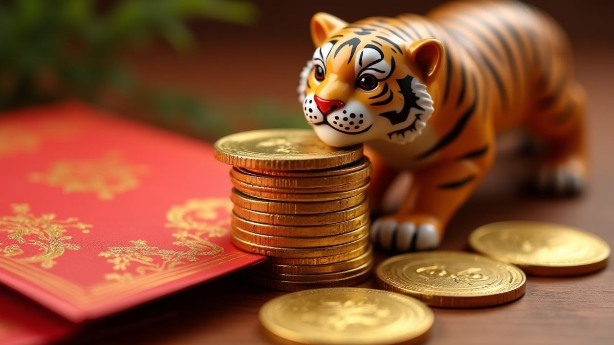 Monedas doradas y un sobre rojo oriental junto a una figura de tigre.