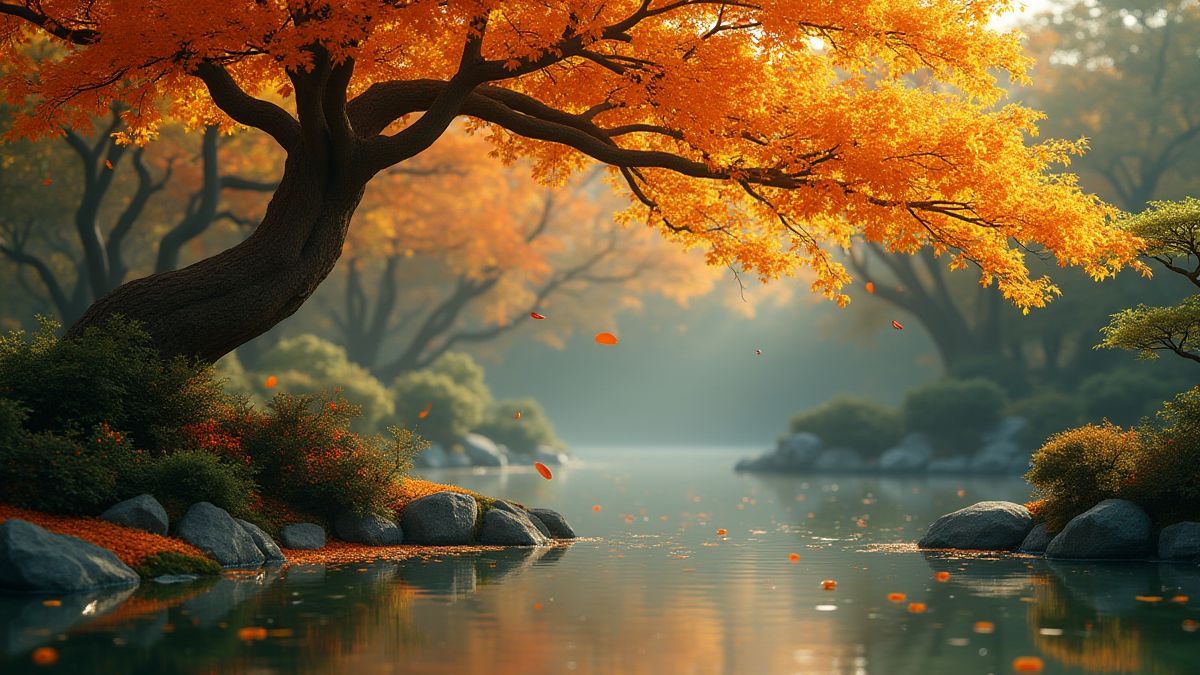Un jardín chino con un árbol dorado que deja caer monedas sobre un estanque sereno.