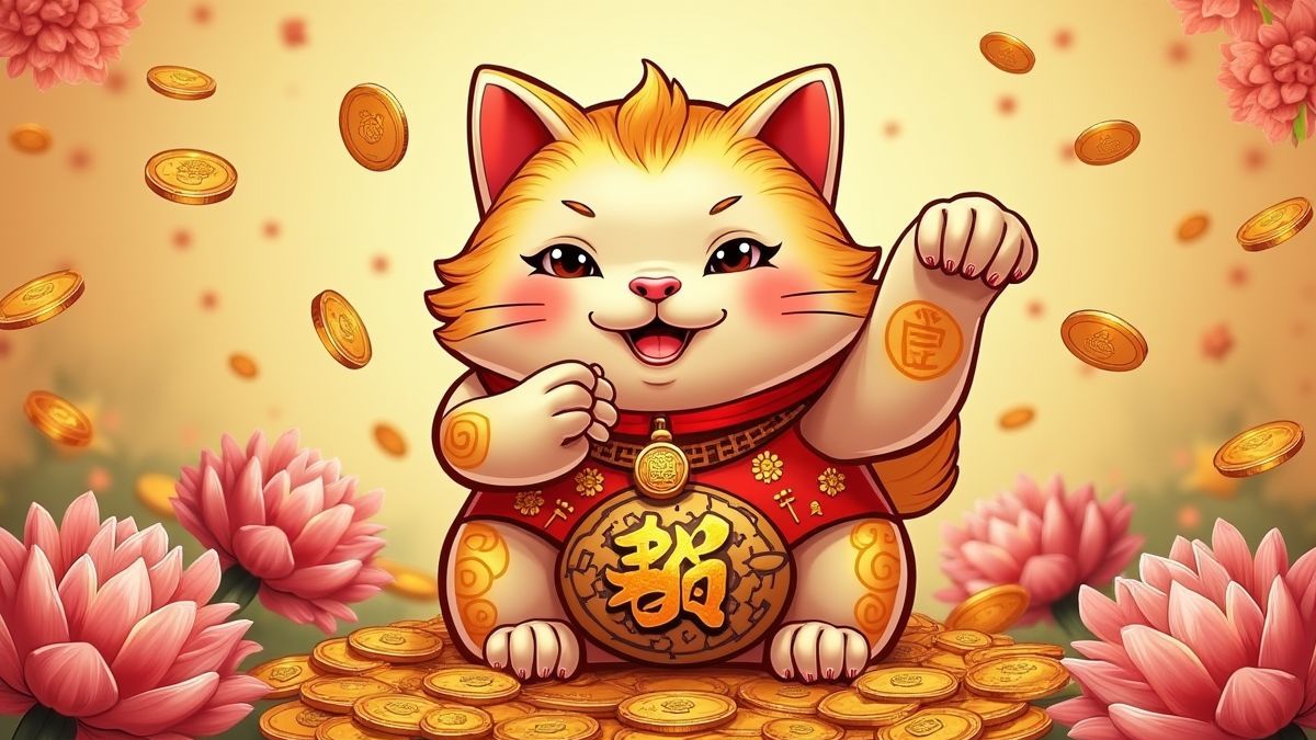Un gato de la fortuna chino rodeado de monedas doradas y flores de loto.