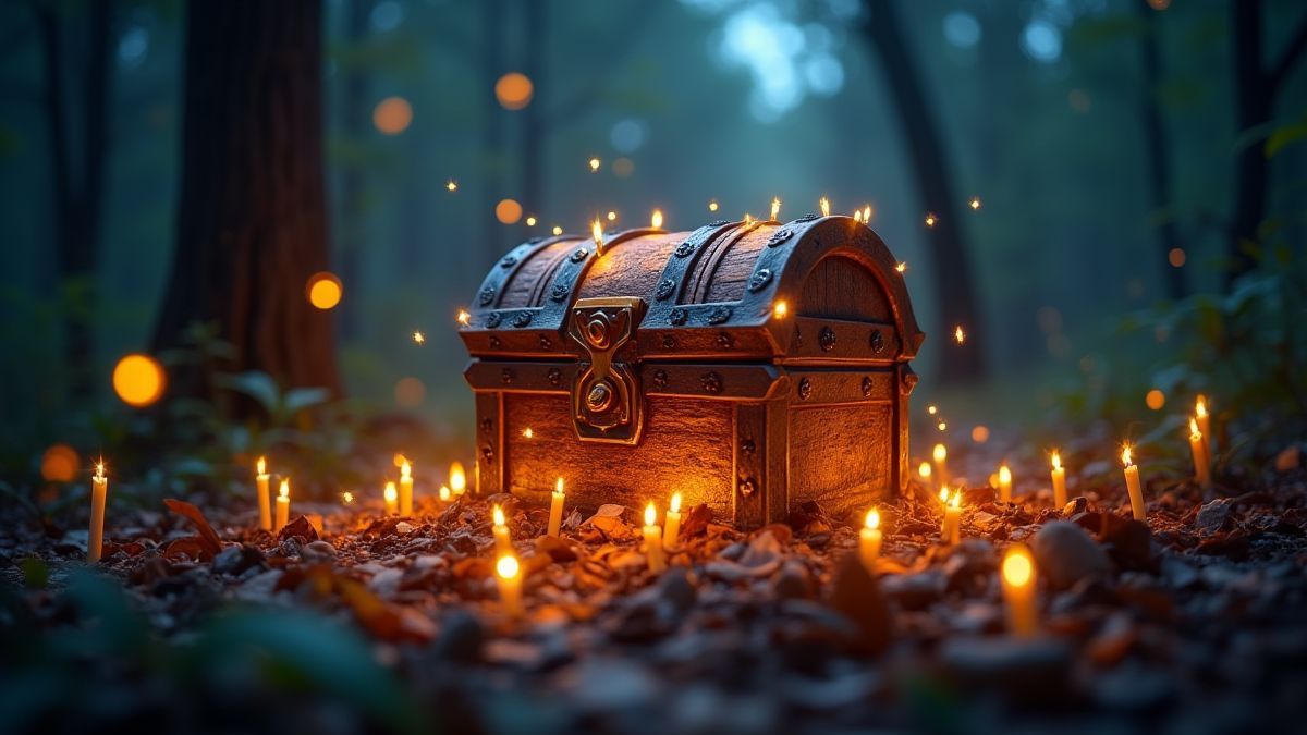 Um cofre do tesouro brilhante em um bosque mágico