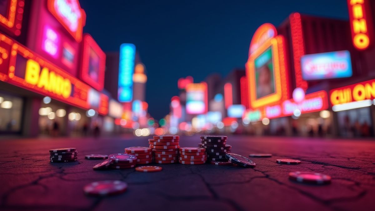 Luces de neón y fichas de casino en el ambiente nocturno de Las Vegas.