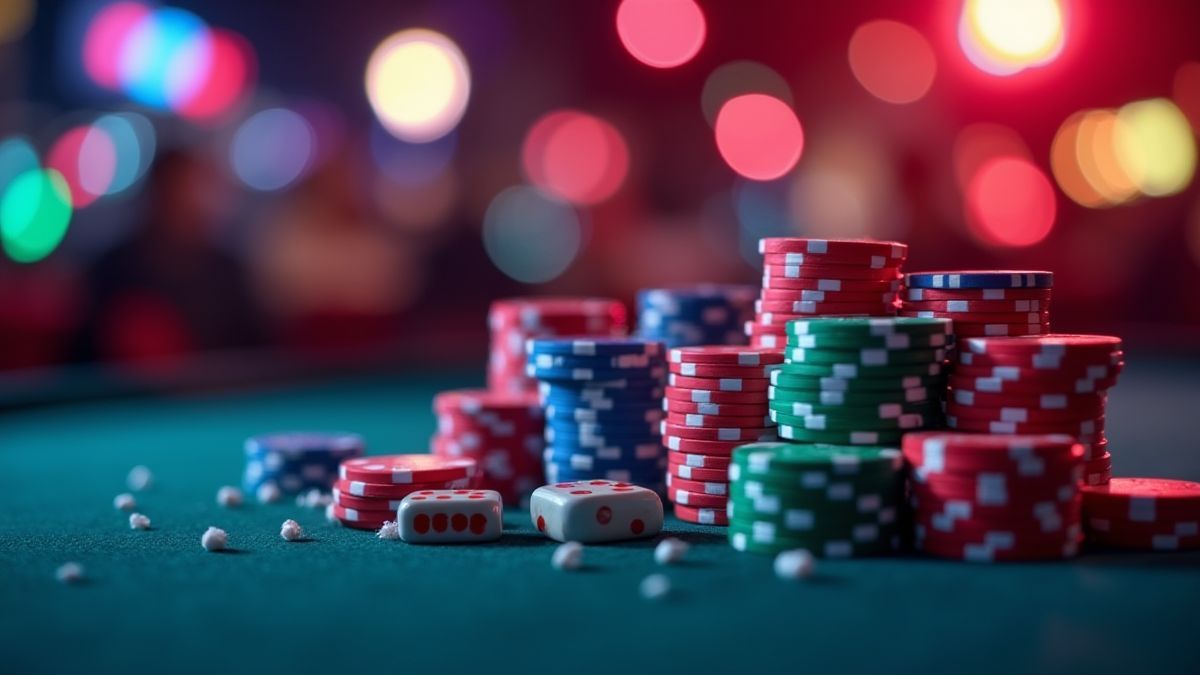 Chips de póker y dados rodando en una mesa de casino iluminada por luces de neón.