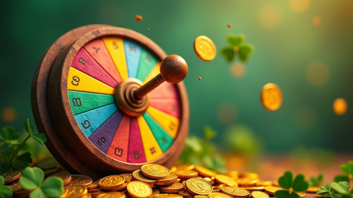 Roue de la chance décorée avec des pièces dorées et des trèfles