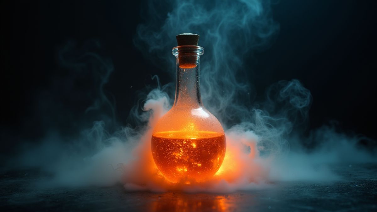 Una botella de poción brillante rodeada de humo místico en una habitación oscura.