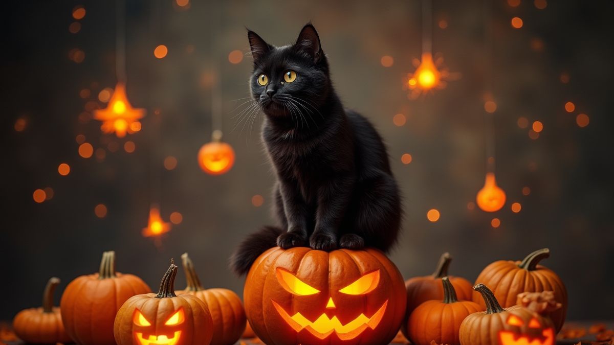 Un gato negro sentado sobre una calabaza rodeado de símbolos mágicos brillantes.