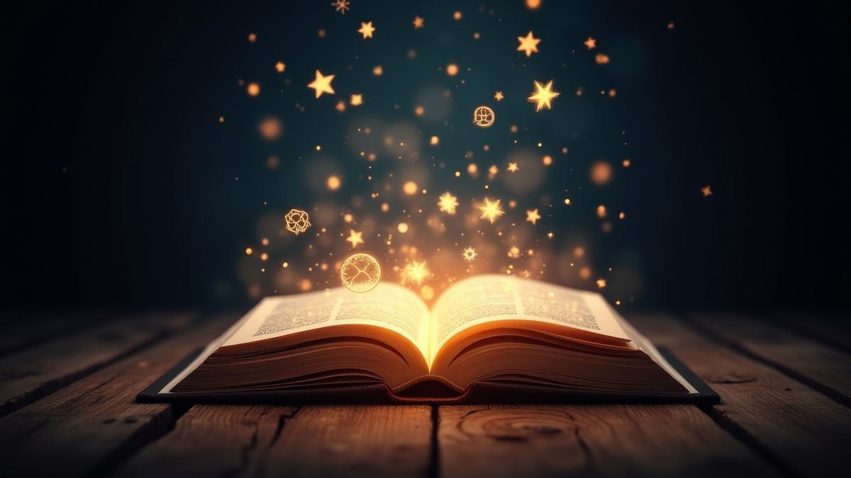 Un libro brillante con símbolos mágicos flotando sobre él.