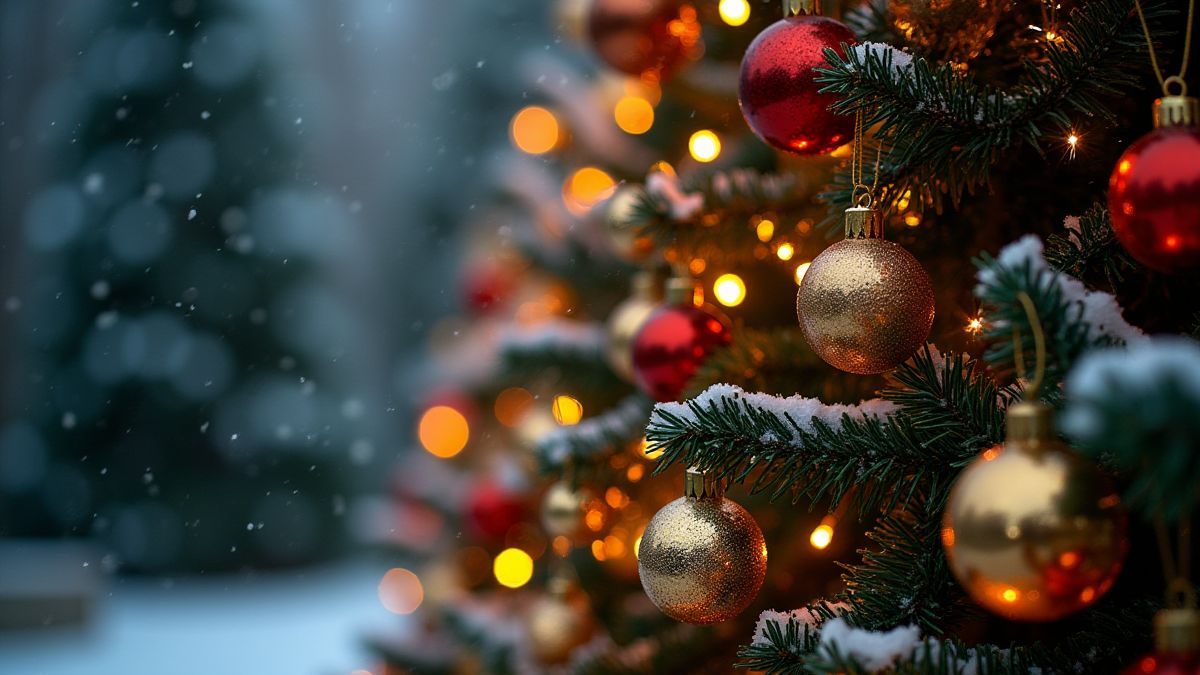 Un árbol de Navidad decorado en un paisaje nevado.