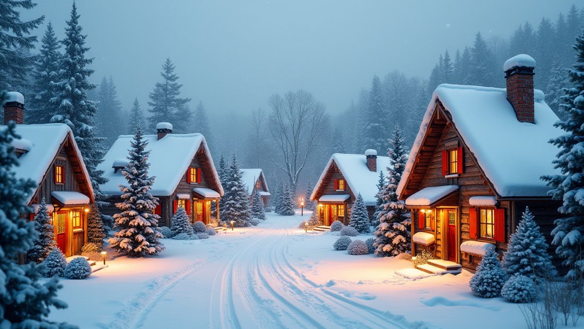 Casas acogedoras cubiertas de nieve y decoraciones navideñas.