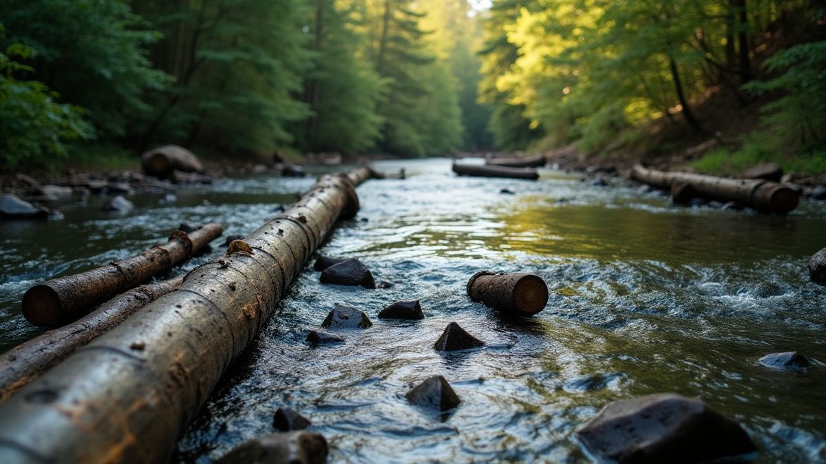 Troncos flotando en un río en el bosque.