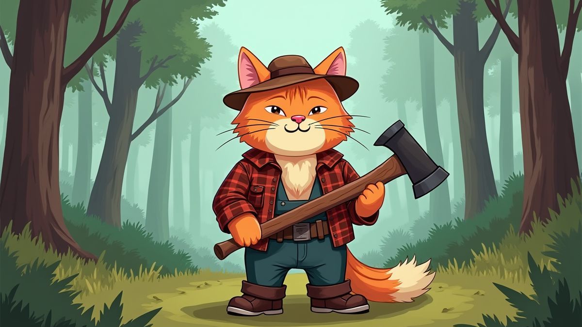 Gato leñador con un hacha en el bosque.