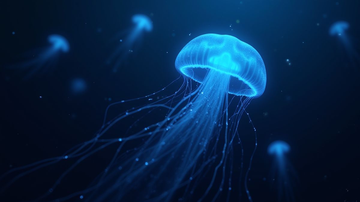 Medusas luminosas flutuando em um oceano escuro.