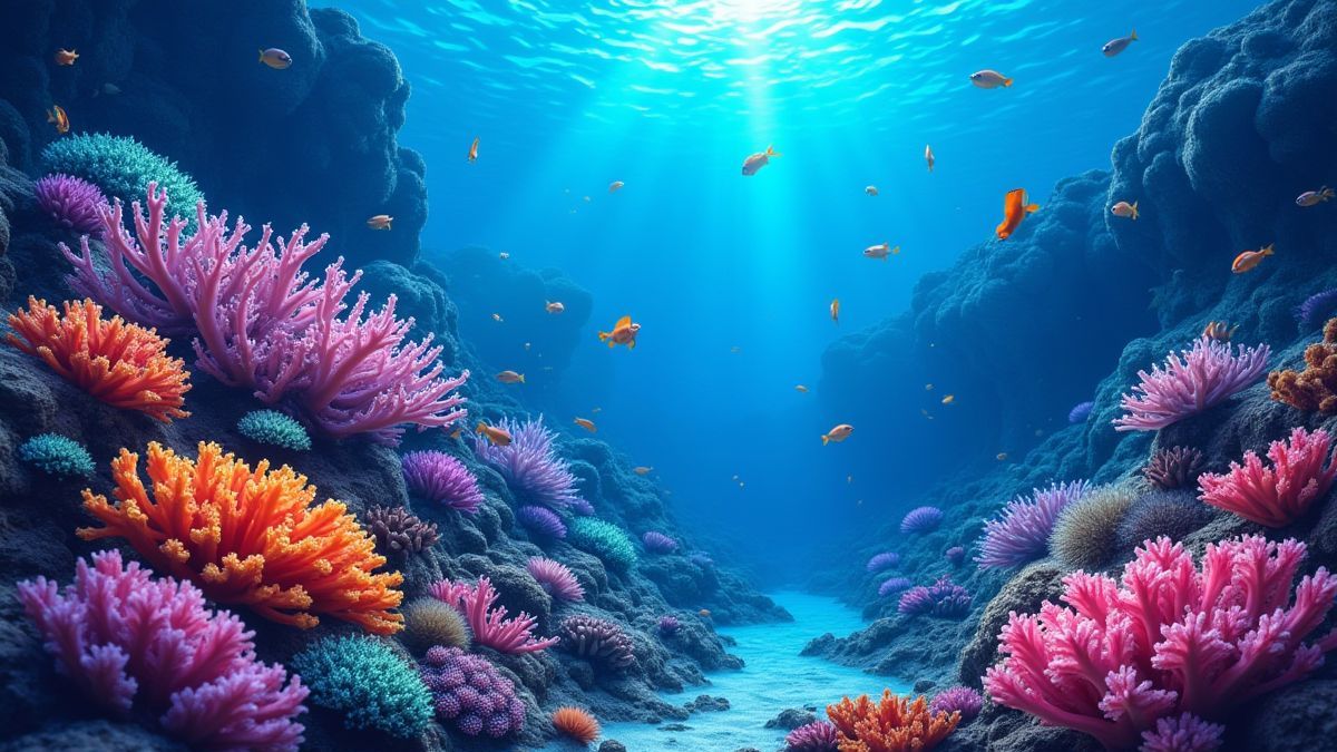 Recifes de coral vibrantes e vida marinha luminosa.