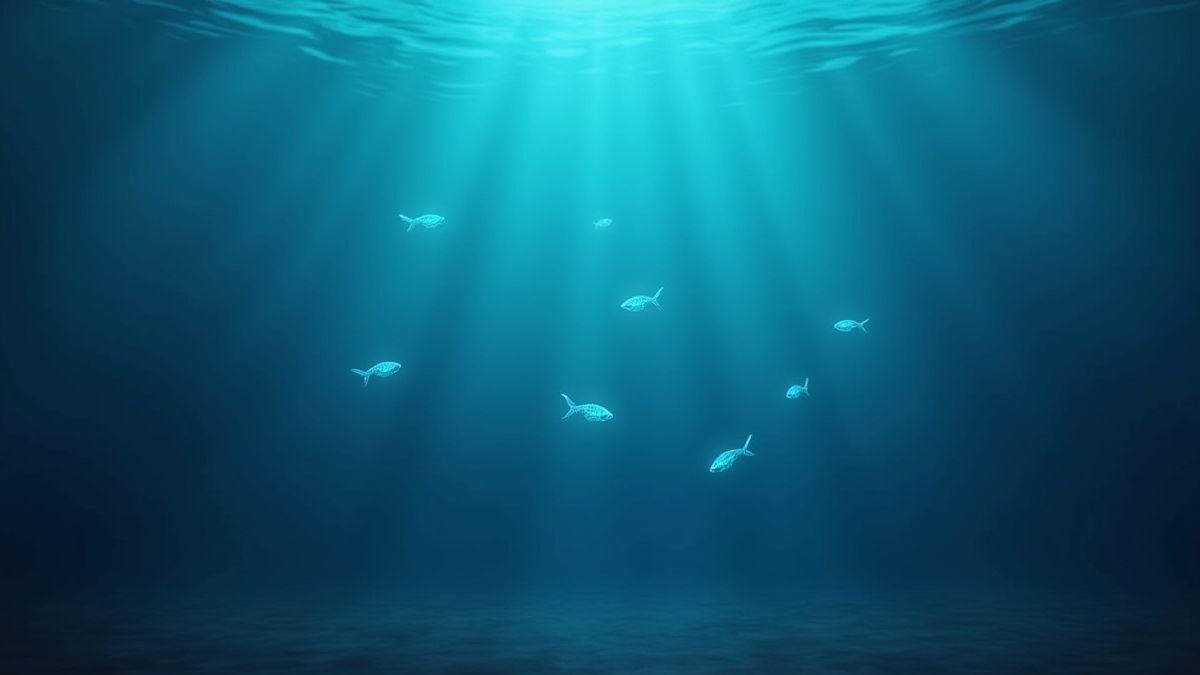 Peixes luminosos nadando em um oceano tranquilo.
