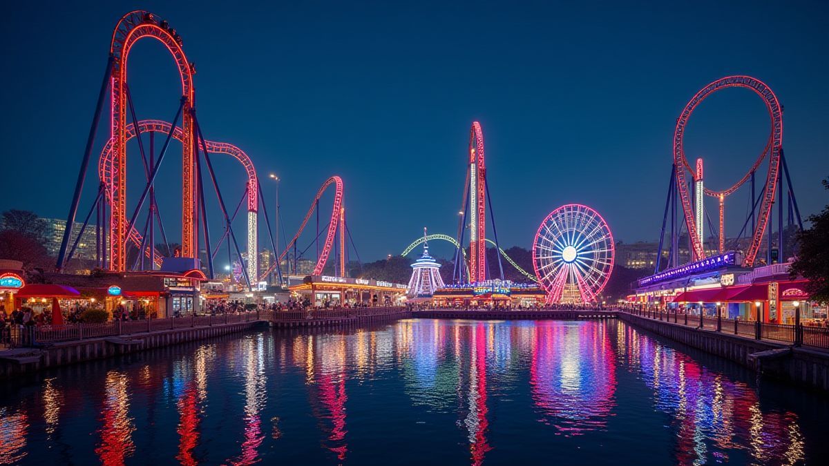 An amusement park filled with lights and roller coasters.
