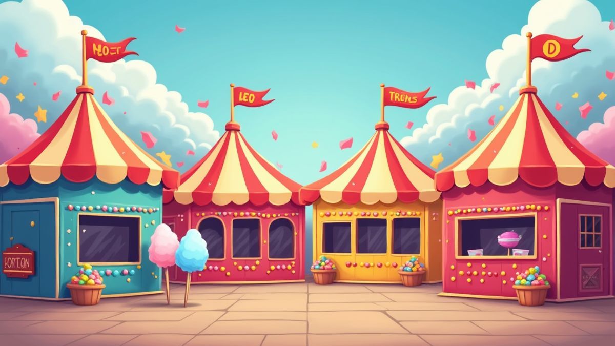 A carnival prize booth with tickets and cotton candy.