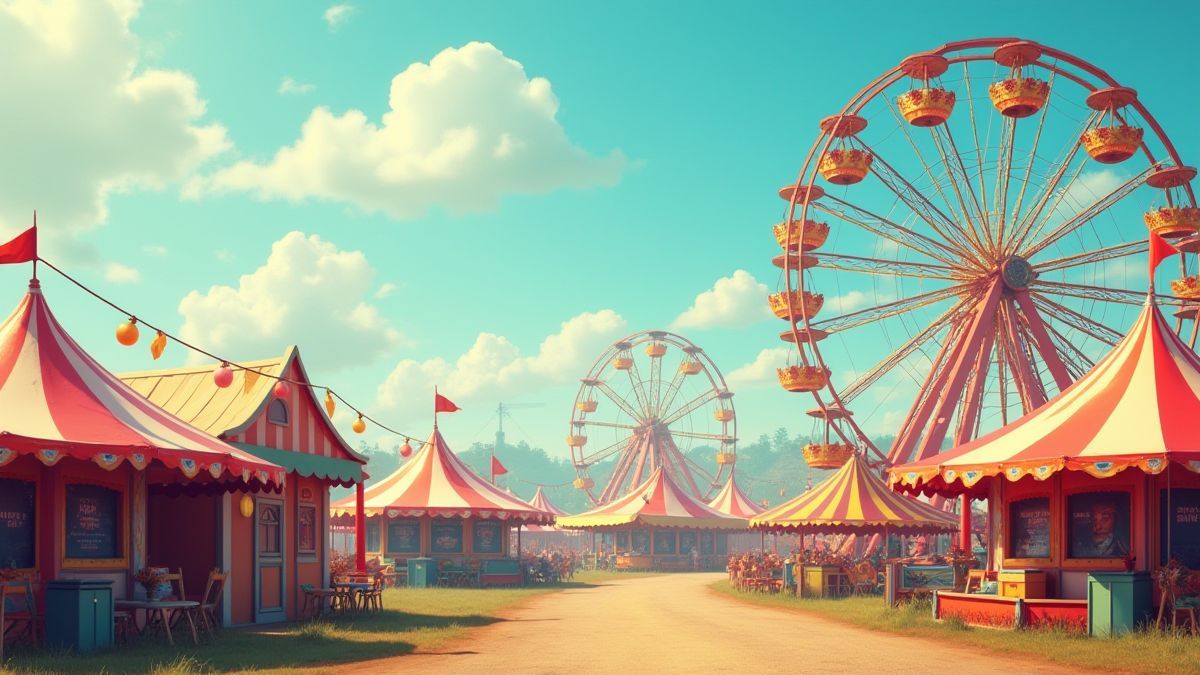 A nostalgic carnival scene with colorful tents and ferris wheels.