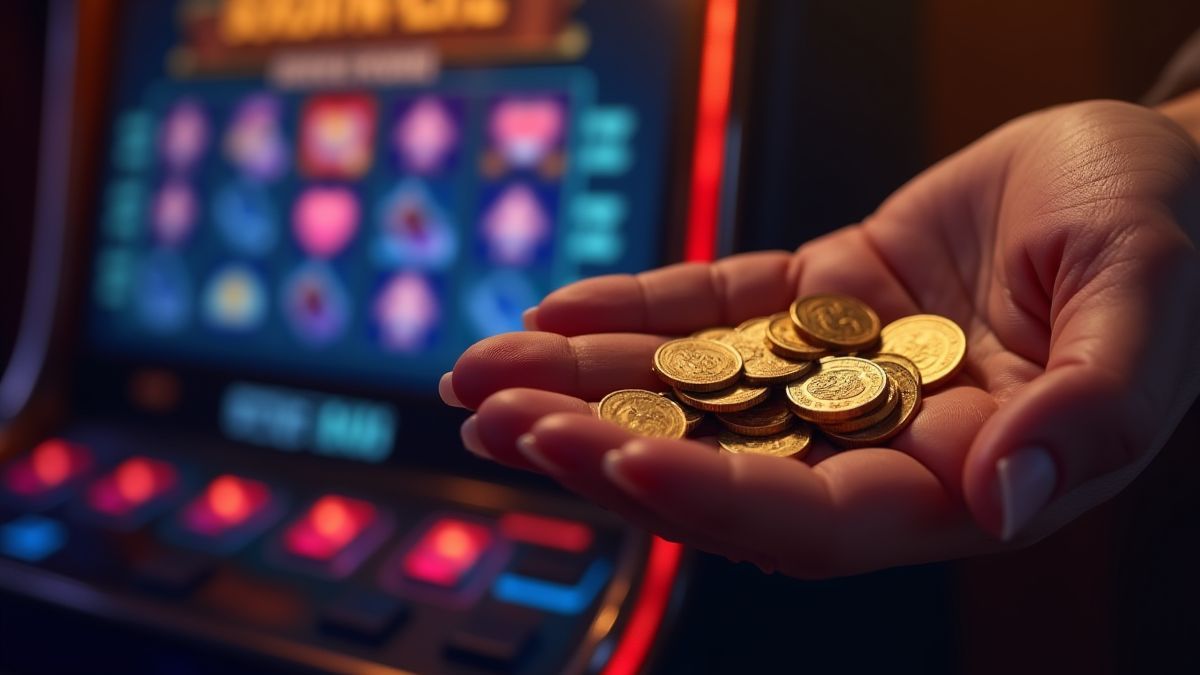 Hand, die Münzen in der Nähe einer Spielautomatenoberfläche mit leuchtenden Symbolen hält