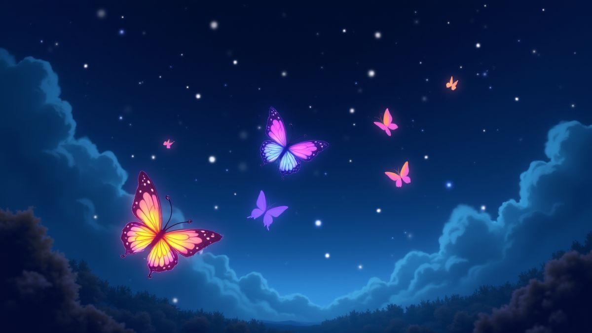 Borboletas coloridas voando no céu estrelado.