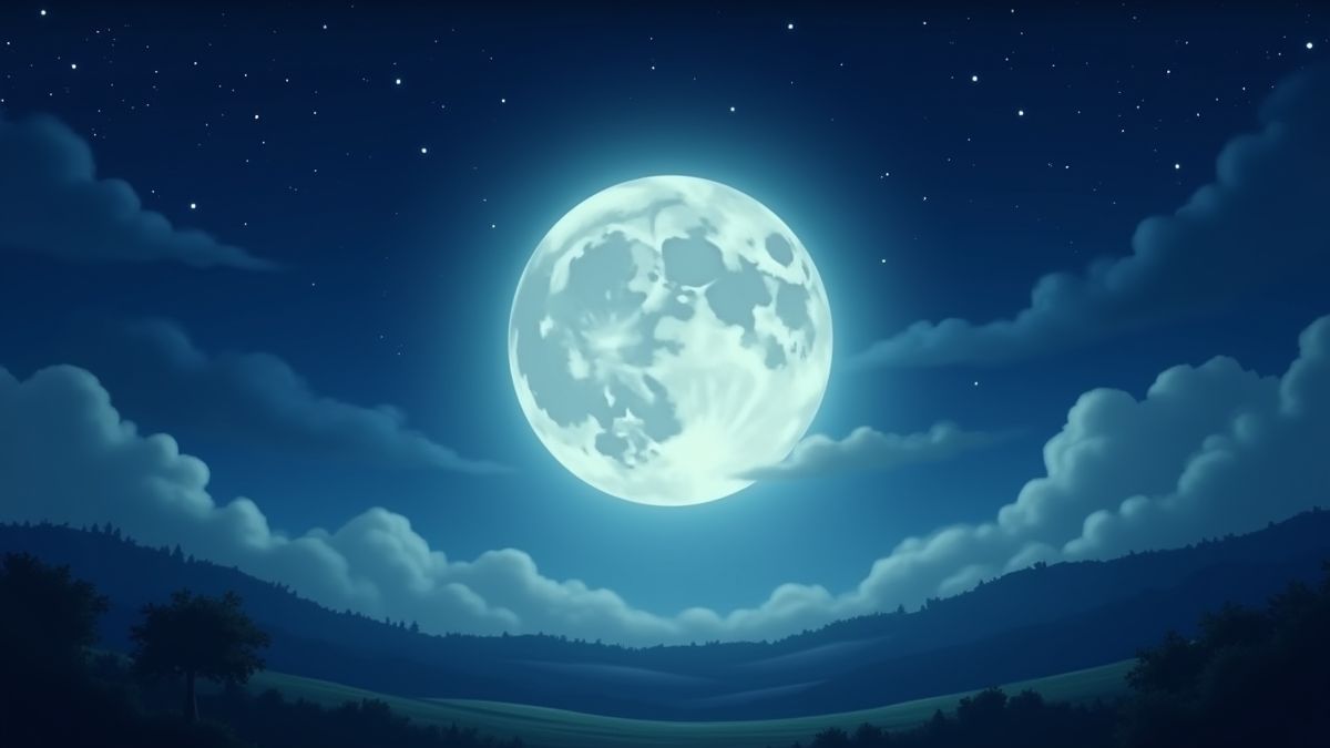 Lua cheia brilhante rodeada de estrelas em uma paisagem tranquila.