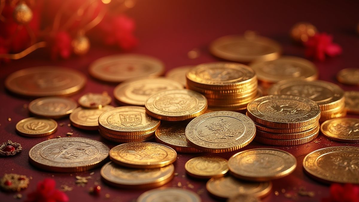 Glittering coins and Asian treasures in an ornate environment.