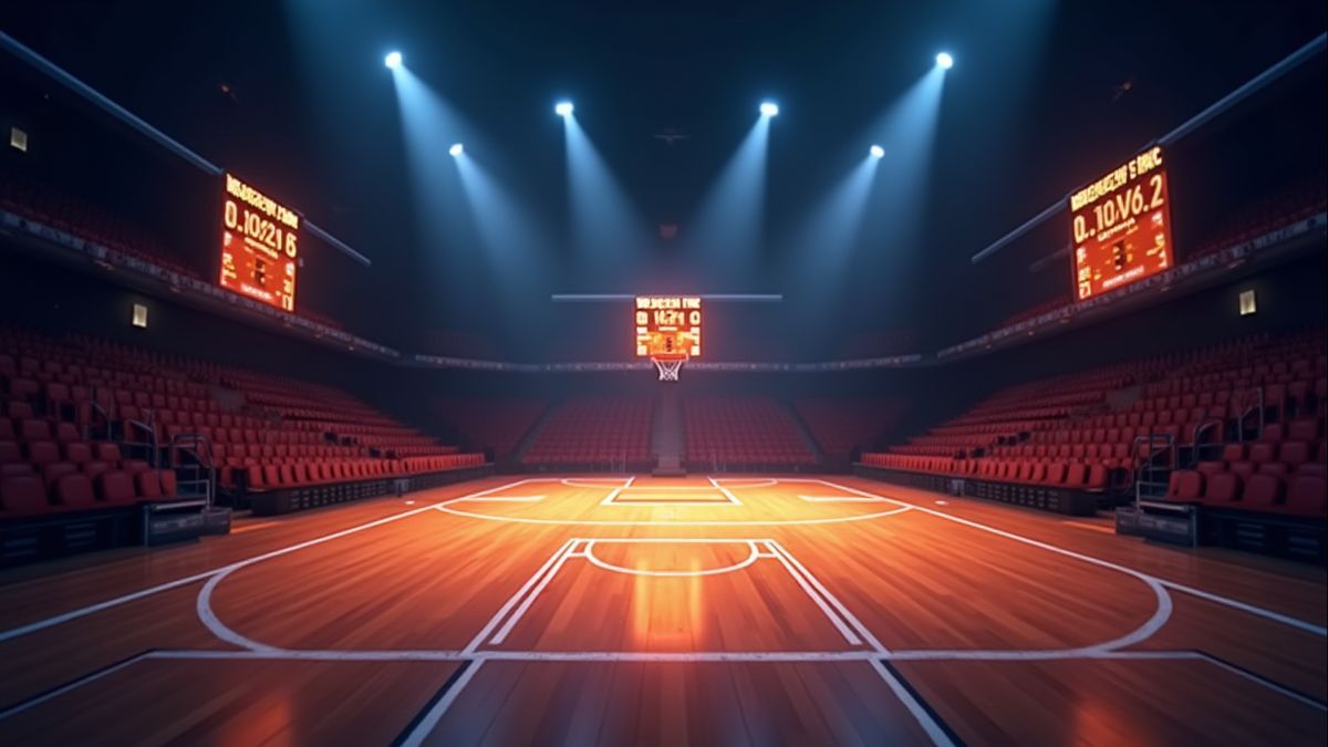 Animatie van een basketbalveld met heldere lichten.
