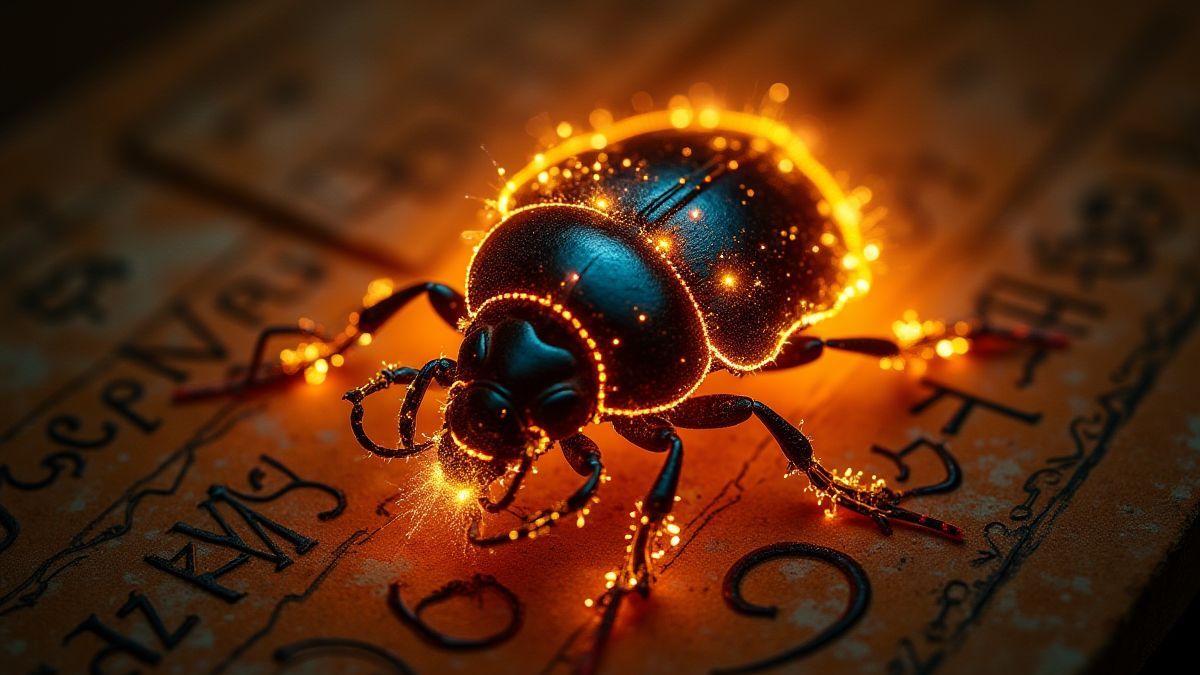 Scarabée doré entouré de hiéroglyphes égyptiens.
