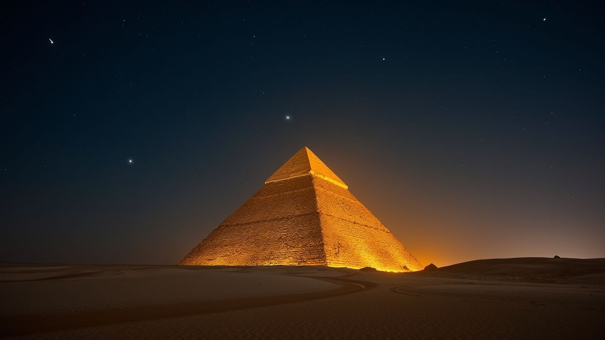 Pyramide dorée illuminée sous un ciel étoilé.