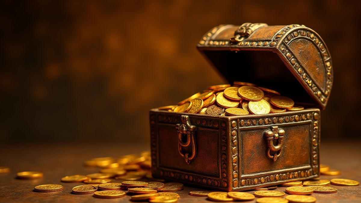 Coffre au trésor égyptien rempli de pièces d'or.