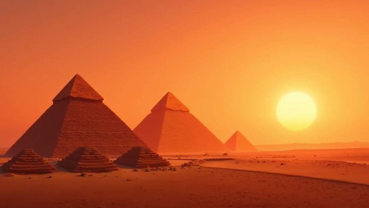 Pirámides egipcias con un atardecer brillante.