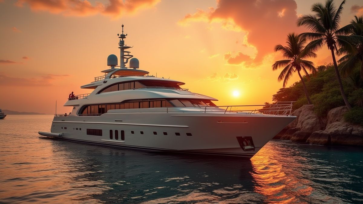 Un yate de lujo al atardecer en una playa tropical.