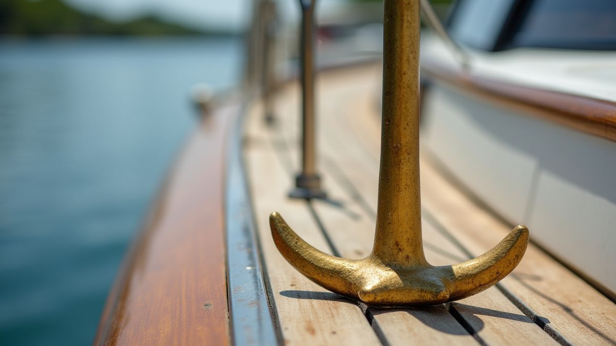 Un ancla dorada sobre la cubierta de un yate pulido.