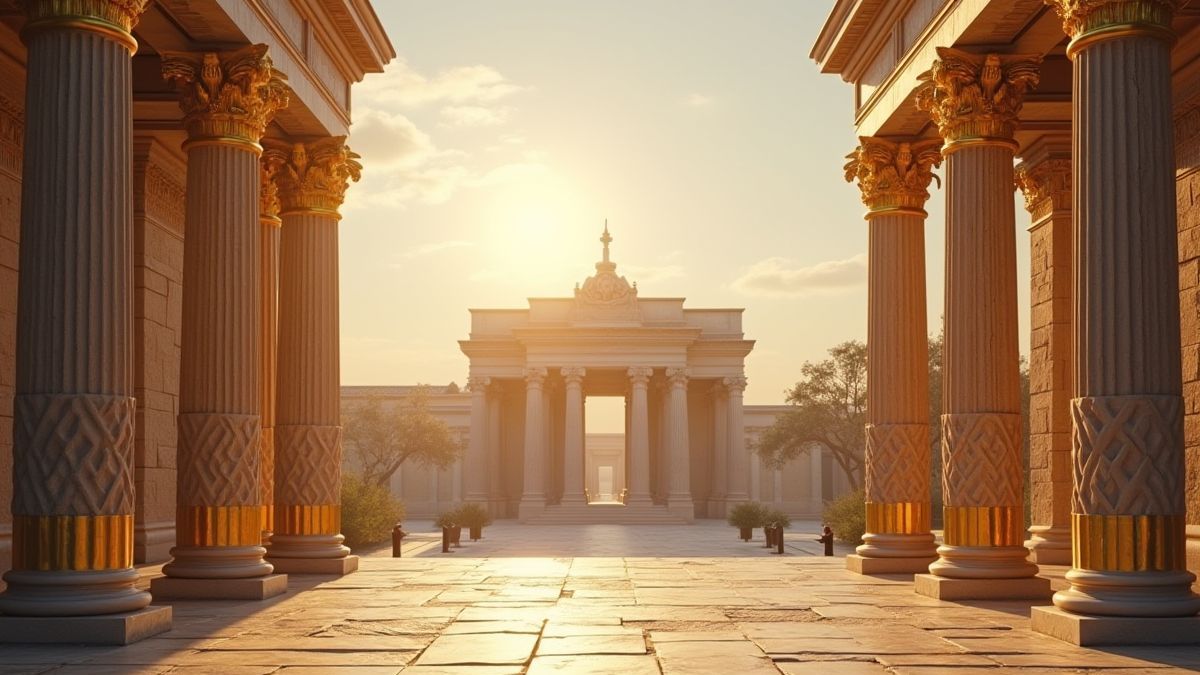 Escena de un templo romano con marcos de laureles dorados.