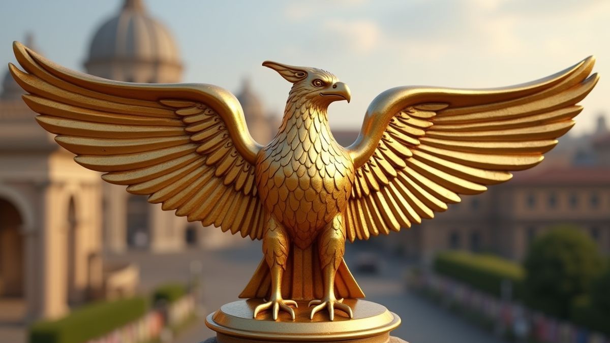 Un símbolo de águila dorada con arquitectura romana de fondo.