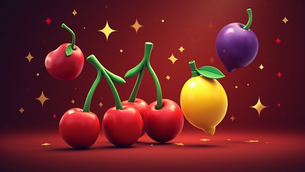 Bunte Fruchtsymbole vor einem Casino-Hintergrund.