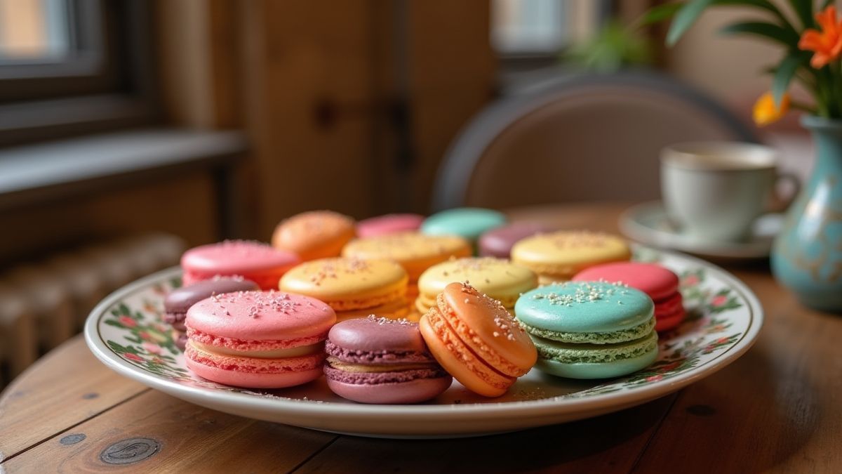 Een schaal met macarons in een Parijse café.