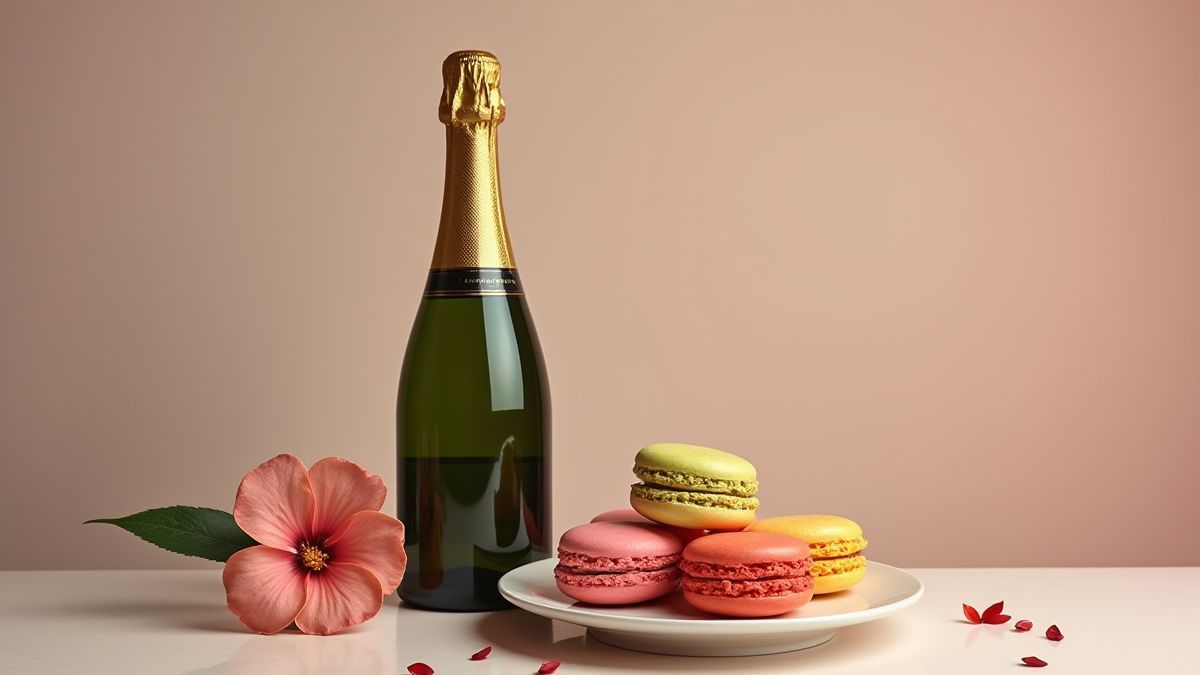 Champagne naast kleurrijke macarons.