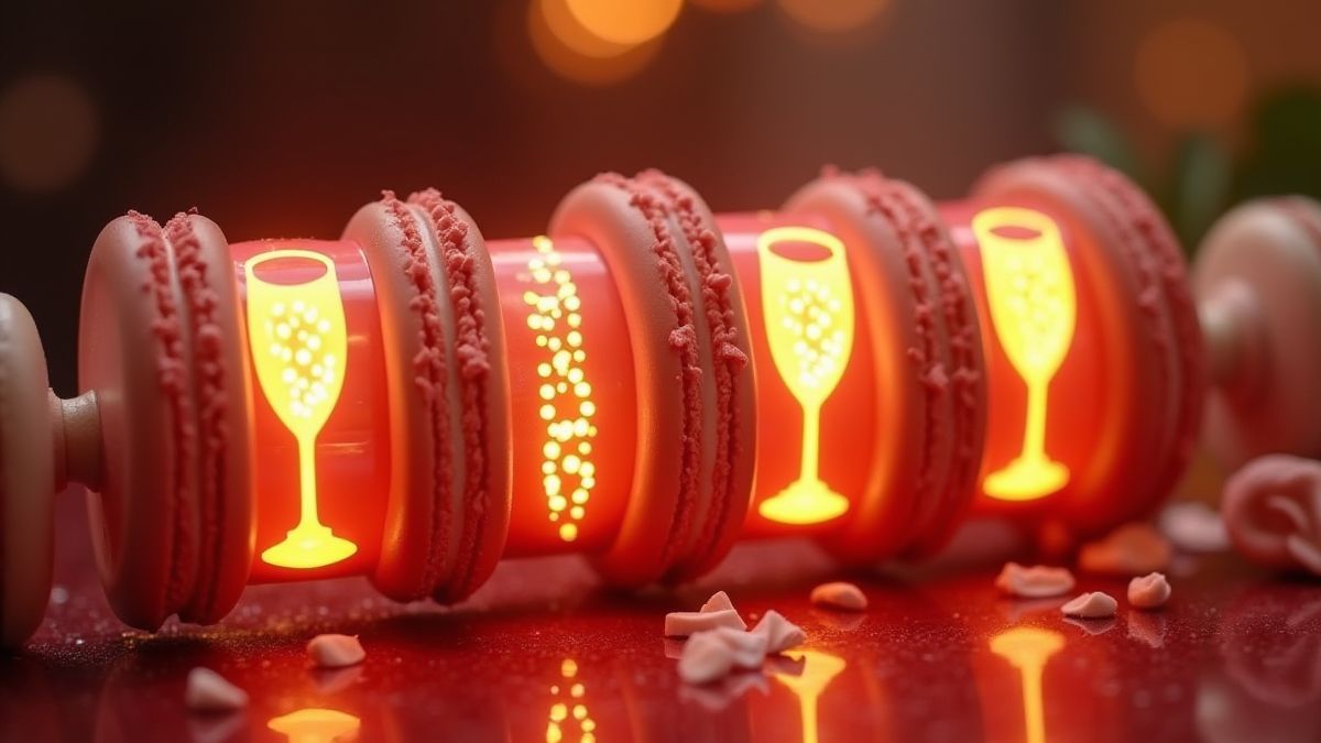 Draaiende rollen met symbolen van macarons en champagne.