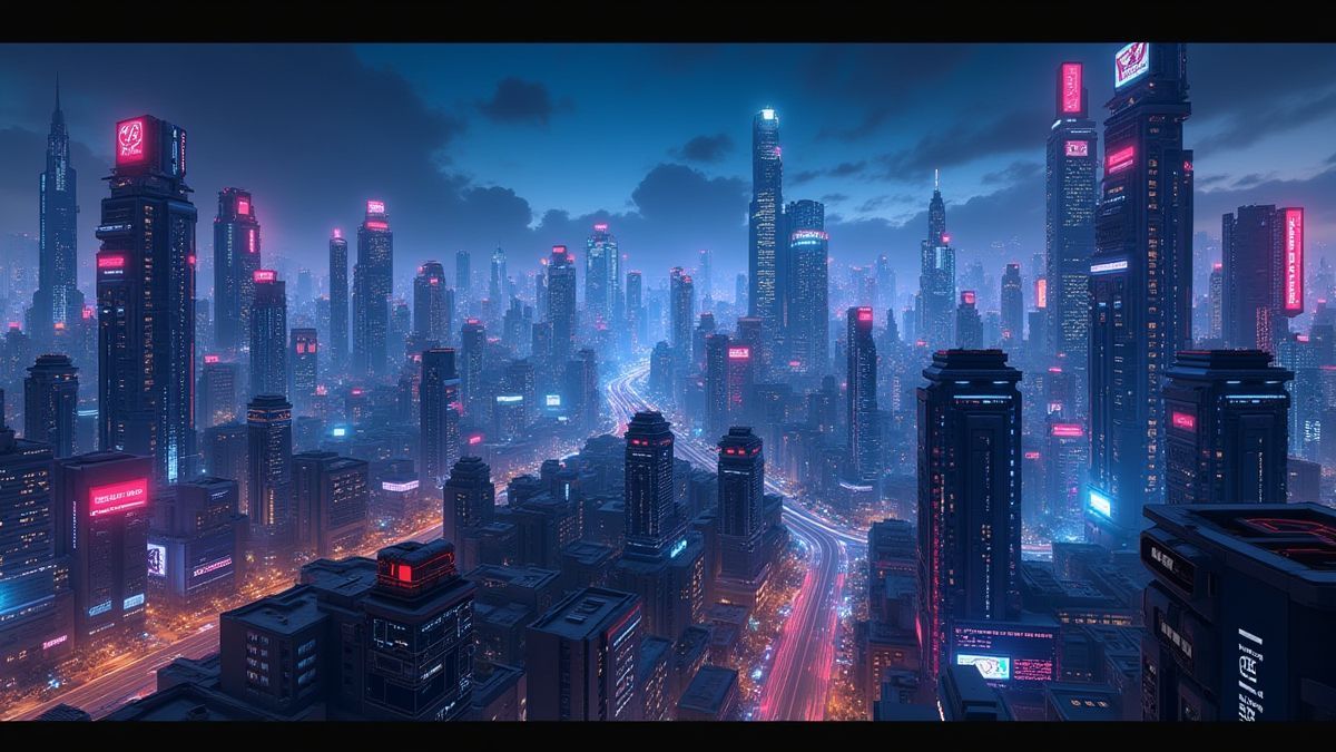 Ville futuriste illuminée la nuit avec des bâtiments avancés et des panneaux lumineux.