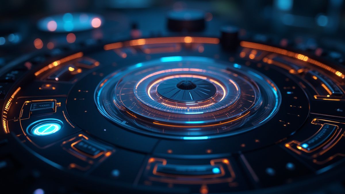 Panneau de contrôle futuriste avec des boutons lumineux et une animation de rouleaux.