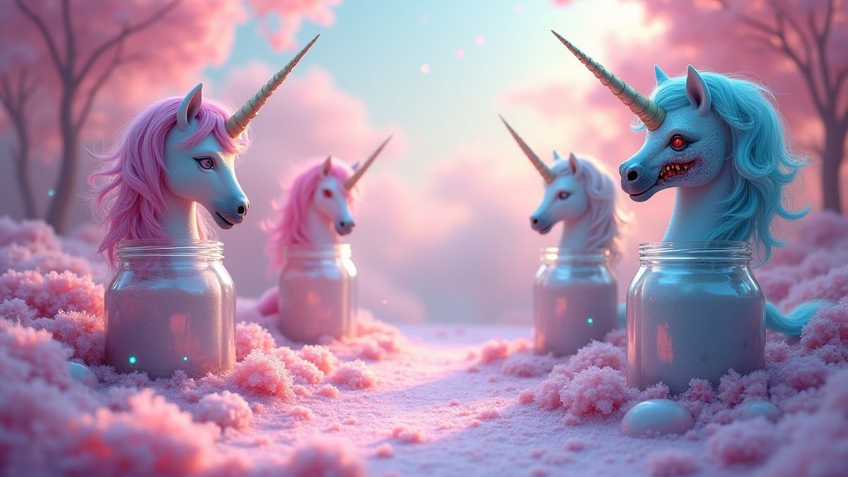 A pastel world filled with unicorns and zombie heads in jars.