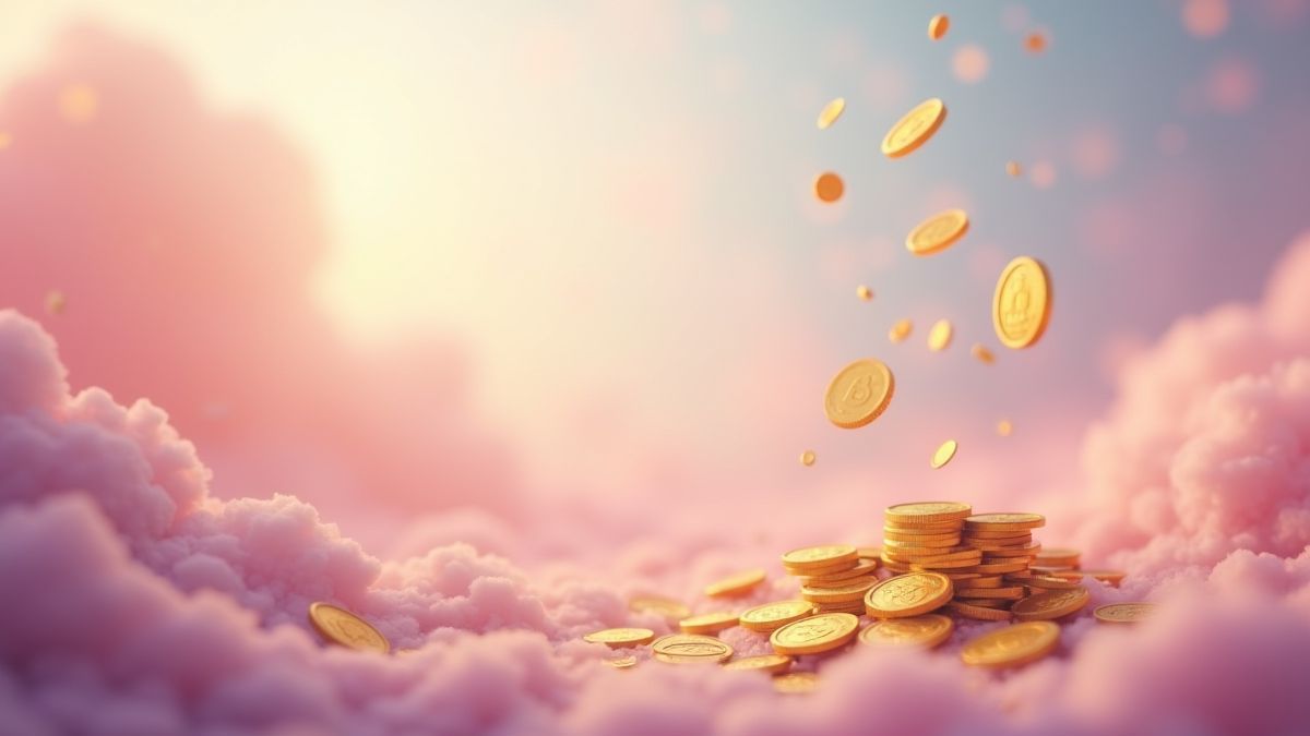 Coins falling in a magical pastel world.