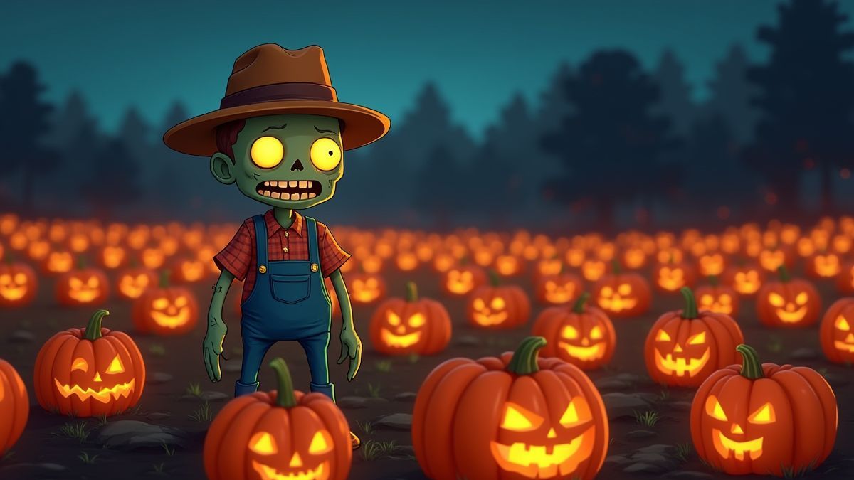 Escena de un granjero zombie en un campo de calabazas brillantes.