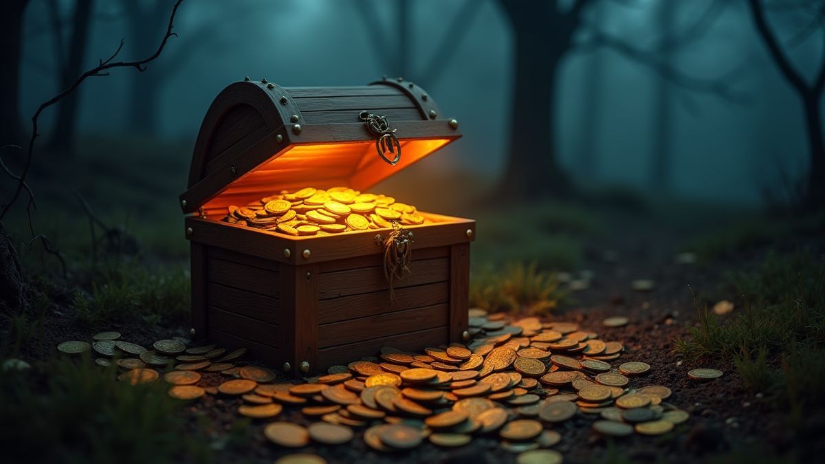 Un cofre del tesoro brillante rodeado de monedas en una granja espeluznante.