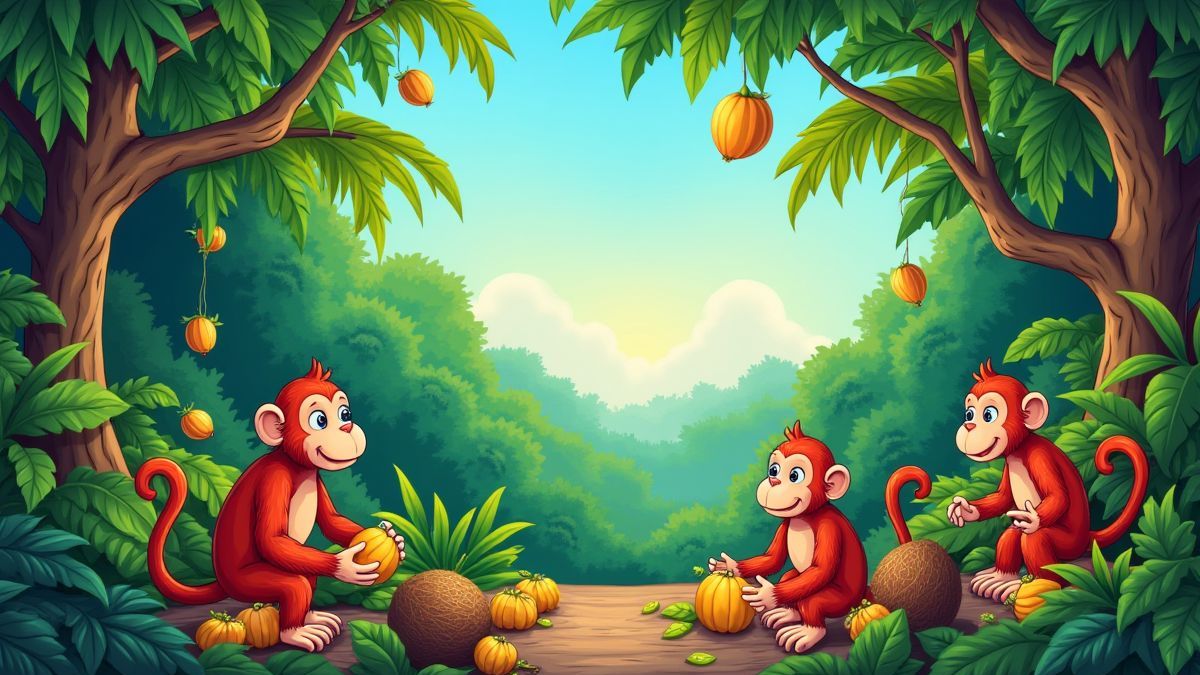 Eine bunte Dschungelszene mit Affen und tropischen Früchten.
