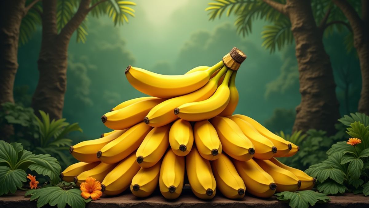 Ein Haufen goldener Bananen im Dschungel.