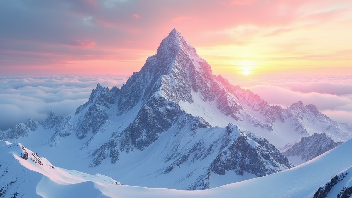 Besneeuwde berg verlicht door de zon